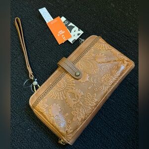 The Sak Embossed Floral Mini Wristlet – Brown | 100% Leather